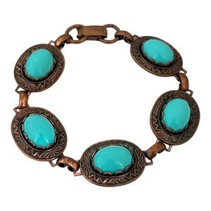 Vintage Bracelet Textured Solid Copper Simulated Turquoise Retro 1E